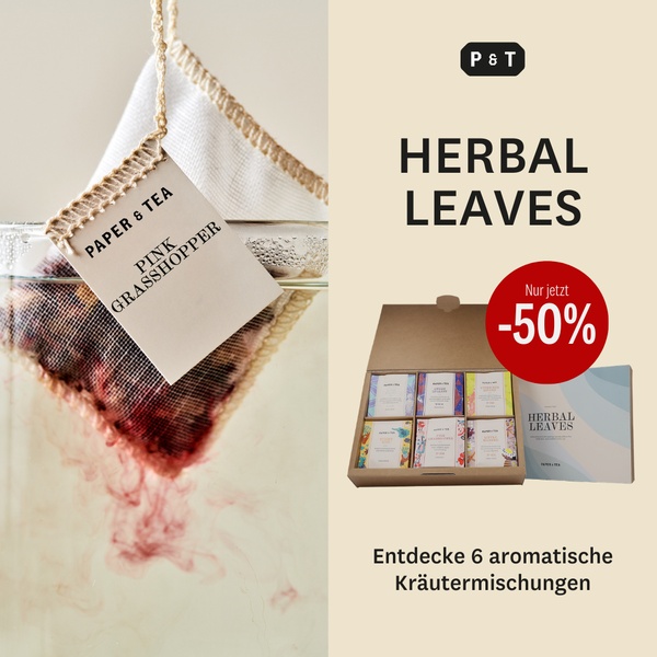 A clean, dual-pane 1:1 image featuring a close-up of a brewing tea bag on the left and a product gift box with a bold 50% off discount badge on the right.