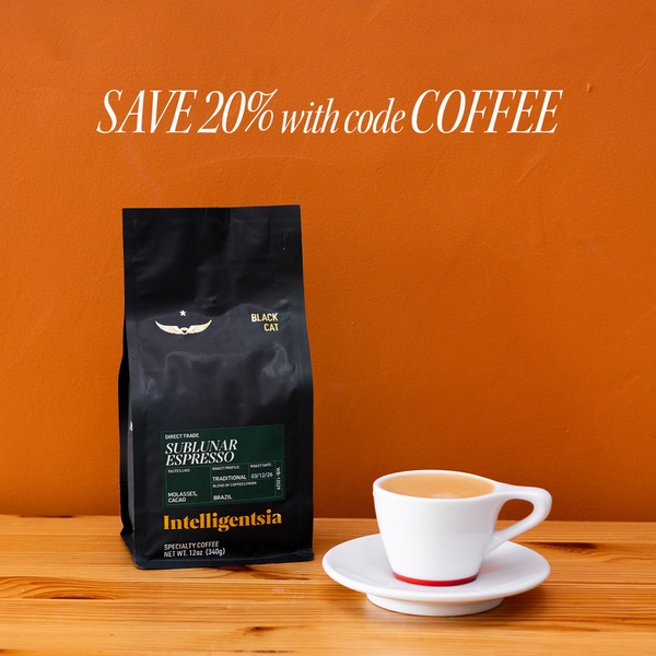 A square-formatted creative showcasing a bag of espresso coffee next to a single cup against a warm, solid background with a clear discount offer.