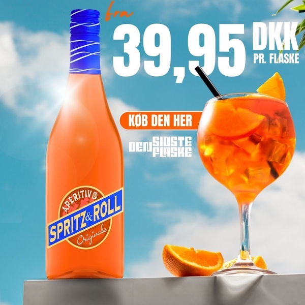 A high-visibility promotional graphic for a spritz cocktail drink featuring a clean product shot, clear pricing, and a vibrant summer atmosphere.