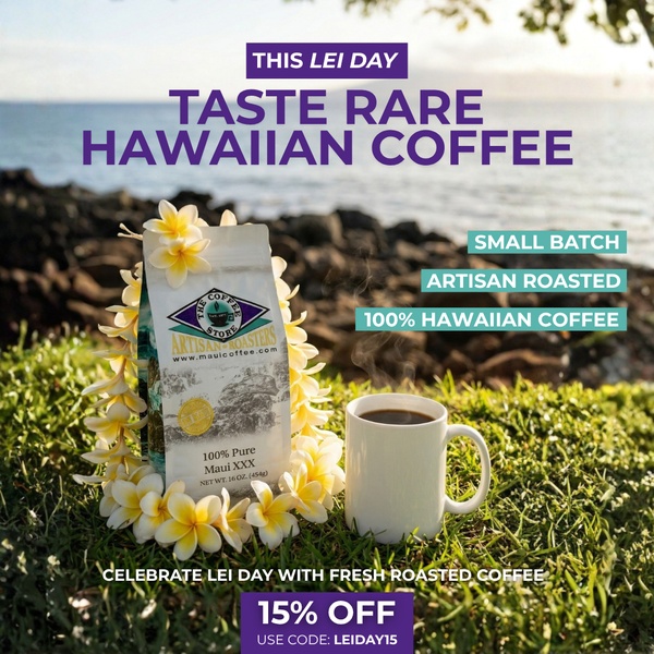 A square-format static ad for 100% Hawaiian coffee featuring a product bag surrounded by plumeria flowers and a matching mug on a sunny grass background.
