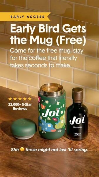 A 9:16 vertical ad creative featuring a coffee concentrate bottle and a branded mug, highlighting a limited-time free gift offer to drive sign-ups.