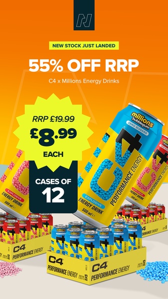 A high-energy, direct-response ad showcasing a 55% off discount on energy drink cases with bold typography and high-contrast colors.