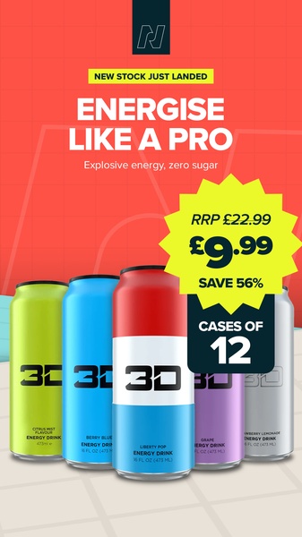 A high-visibility 9:16 ad creative featuring a multi-flavor case of energy drinks with a clear RRP price and percentage discount sticker.