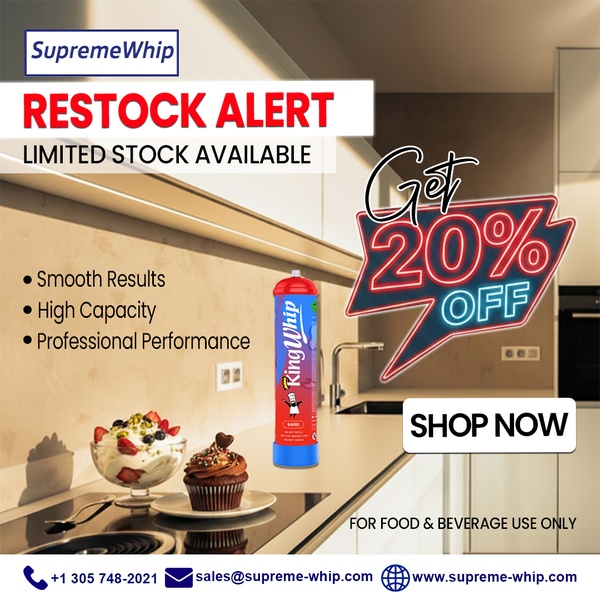 A high-conversion sale ad featuring a product restock alert with a clear 20% discount offer and professional kitchen-inspired photography.