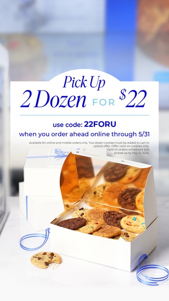 A vertical ad creative featuring an open box of assorted cookies with a bold, clear promotional offer text overlay centered above the product.