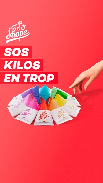 A high-contrast advertisement showing a variety of diet supplement sachets arranged in a circle, with a hand reaching toward them on a vibrant red background.