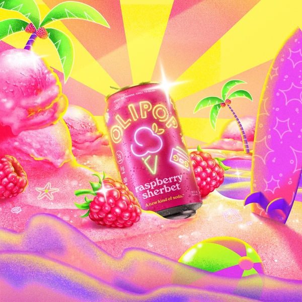 A vibrant, saturated social media graphic featuring a soda can placed in a surreal beach setting with raspberries and a surf board.