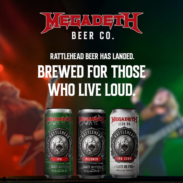 This ad features three varieties of beer lined up on a stage-like surface with a blurred live music concert performance in the background.