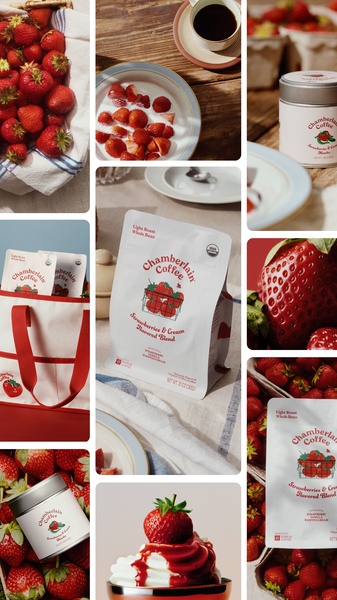 A high-quality 9:16 collage of strawberries and flavored coffee bags, focusing on fresh imagery and sensory appeal.