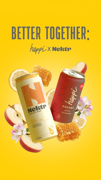 A vertical 9:16 ad creative featuring two beverage cans surrounded by floating ingredients like lemon slices, honeycomb, and apple blossoms to emphasize flavor.