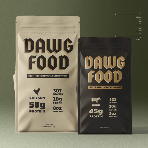 A split-view product display showing two high protein meal packaging options, chicken and beef, with clear nutritional specifications against a minimalist backdrop.