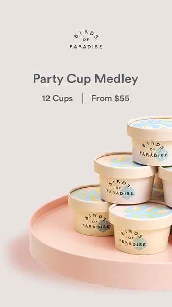 A clean, minimalist product hero shot of stacked ice cream cups on a pastel tray, emphasizing the brand and product quantity.