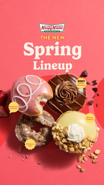A top-down, minimalist product showcase displaying four distinct doughnut varieties against a vibrant pink background, highlighted by specific callout labels.