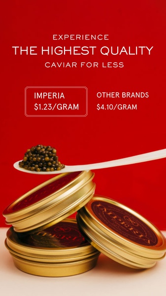 A high-contrast vertical ad showing a direct price-per-gram comparison between the brand's luxury caviar and other competitors.