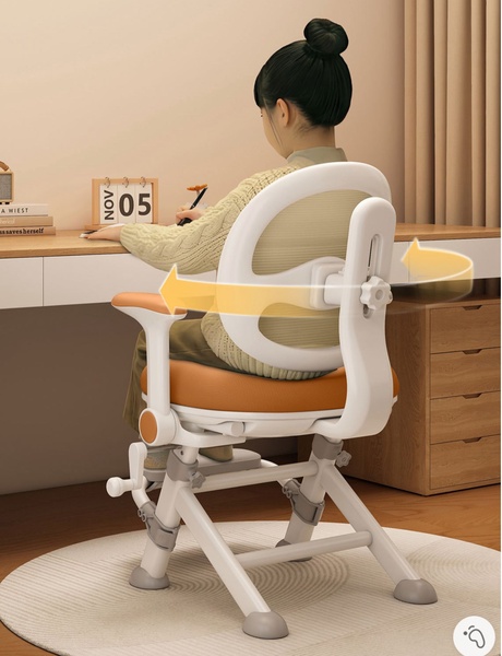 A clean, high-angle visual showing an ergonomic chair with adjustable backrest features being used by a child at a desk.
