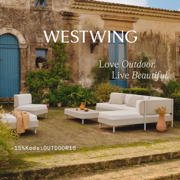 A high-end outdoor sofa set displayed in a rustic Mediterranean-style courtyard, featuring an integrated discount code offer.