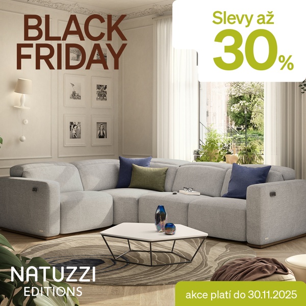 A high-end, bright living room setting features a modular sofa with a prominent Black Friday discount callout and an expiration date.