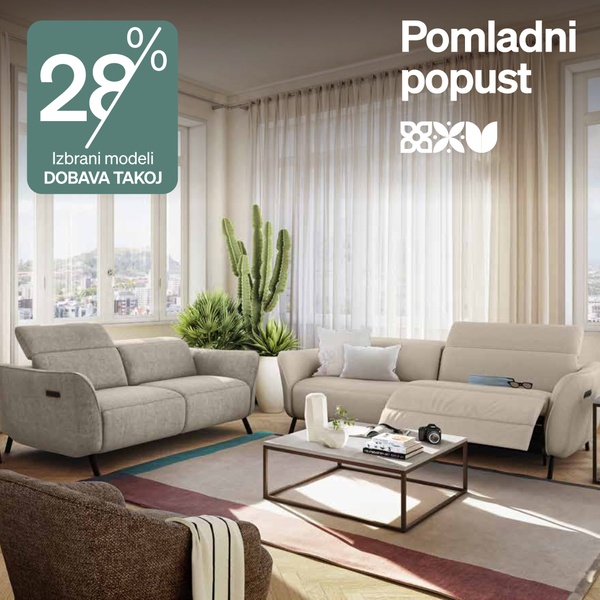 A high-quality lifestyle photograph of a living room featuring two modern sofas, a coffee table, and seasonal discount text overlay.