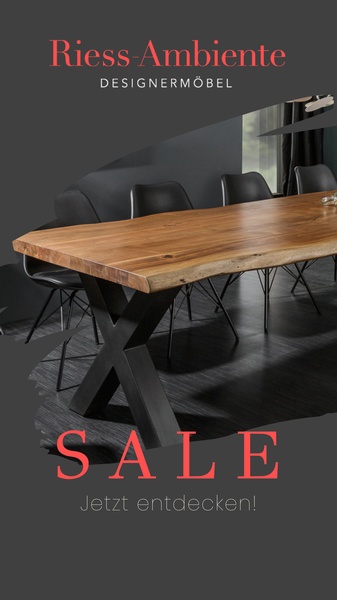 A vertical 9:16 ad creative featuring a live-edge wooden dining table, a prominent 'SALE' overlay, and a clean call to action.