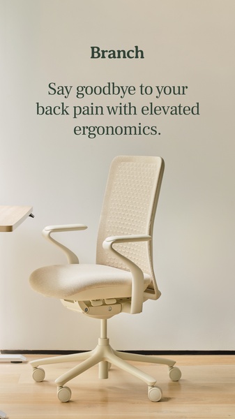 A high-conversion ad creative for an ergonomic office chair, utilizing a minimalist white space layout to emphasize comfort and relief from back pain.