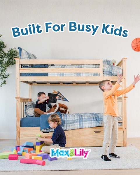 A lifestyle ad for a wooden bunk bed featuring children playing in a bright bedroom, emphasizing durability and active use.
