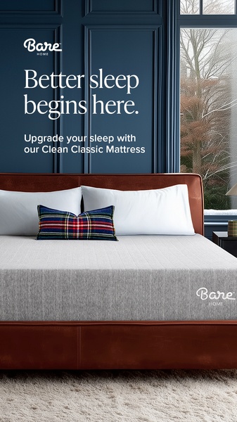 A high-end, lifestyle-focused ad for a Clean Classic Mattress, utilizing a clean, moody color palette and a clear, benefit-driven headline.