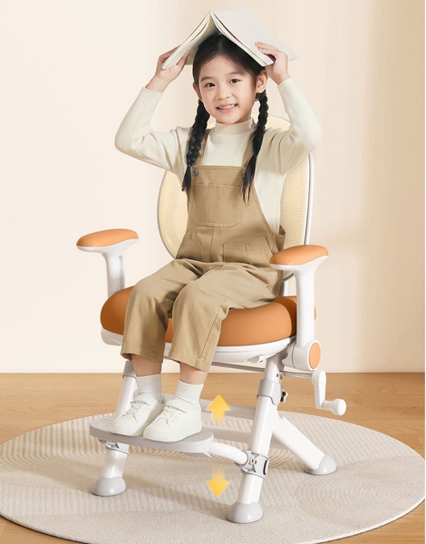 This creative uses a bright, minimalist studio setting to highlight a child-safe, adjustable ergonomic chair. It emphasizes product usability through subtle visual cues.