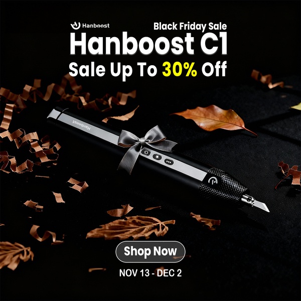 A minimalist, dark-themed promotional graphic for the Hanboost C1 cutter, featuring a ribbon gift aesthetic and clear discount messaging.
