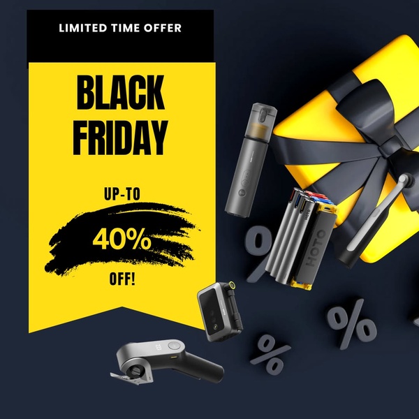 A high-impact, square-ratio promotional ad featuring professional power tools centered around a seasonal Black Friday offer.