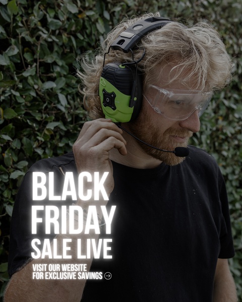 A close-up shot of a worker wearing professional protective ear muffs and safety glasses, featuring a bold Black Friday text overlay.