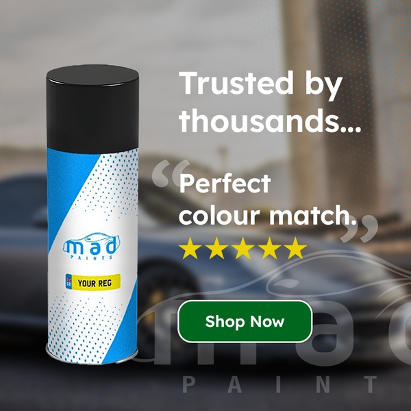 A high-contrast 1:1 image featuring a spray paint can set against a blurred vehicle, emphasizing perfect color matching and positive customer reviews.