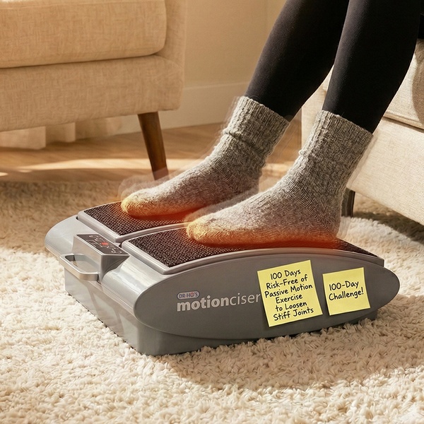 A close-up shot of feet using a Motionciser device, utilizing yellow sticky notes to communicate trial terms and benefit hooks directly on the product surface.