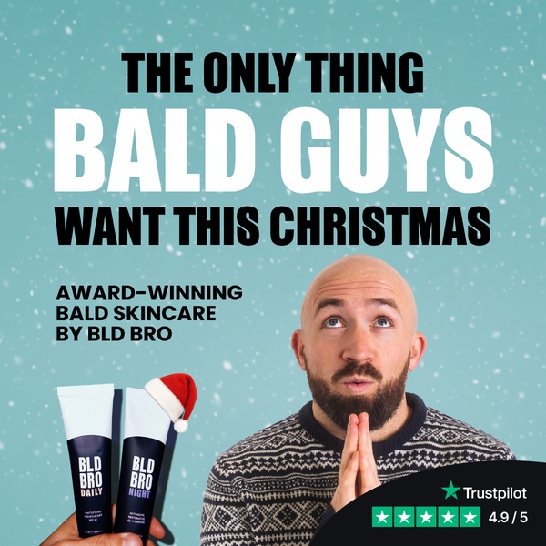 A seasonal holiday ad featuring bald skincare products with a clear, direct headline and social proof.
