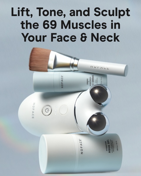 facial toning device, microcurrent device, face sculpting tool, facial massage tool, skincare kit, product demo, minimalist, fresh, trustworthy, neutral