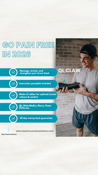 A vertical ad creative featuring a product demo for the QL Claw tool, highlighting specific pain relief benefits and a 30-day money-back guarantee.