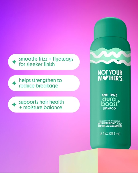 A clean, high-contrast ad for anti-frizz shampoo that uses a product-centric visual with clear bulleted benefit highlights against a gradient background.