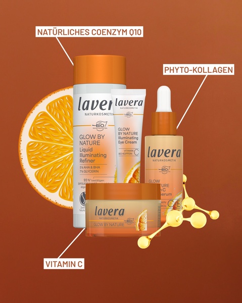 face serum, eye cream, face cream, skincare set, illuminating refiner, product demo, minimalist, fresh, trustworthy, orange, brown