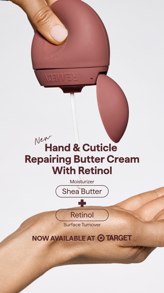 A high-contrast visual demonstration showing the texture of a hand cream and its active ingredients using a clean, ingredient-focused layout.
