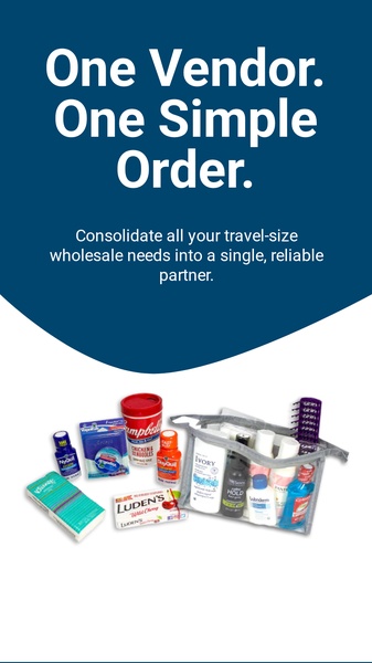 A B2B creative showcasing a diverse collection of travel-size essential products arranged to emphasize simplified logistics and consolidation.