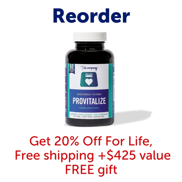 A square-format static ad highlighting a reorder discount, free shipping, and a free gift for a probiotic supplement.