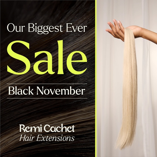 A high-contrast, minimalist promotional graphic for hair extensions featuring a clear bold headline announcing a major seasonal sale event.