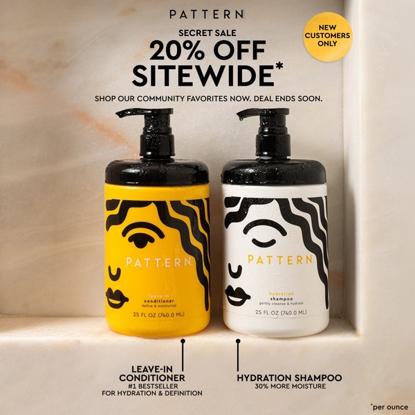 A high-contrast 1:1 square image showing a yellow and a white hair care bottle side-by-side with clear callouts highlighting product benefits and a sitewide discount.