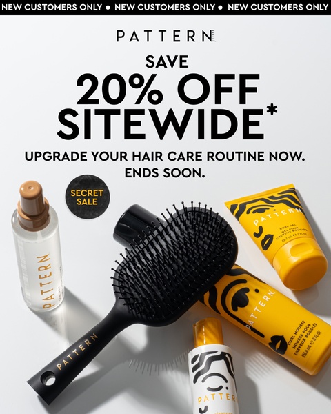A high-contrast, minimalist promotional graphic showcasing a collection of hair care products with a clear, site-wide discount offer.