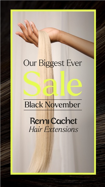A high-contrast, text-heavy 9:16 vertical creative announcing a seasonal sale for premium hair extensions.