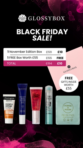 subscription box, beauty products set, skincare kit, cosmetics gift set, beauty sample box, holiday sale, bundle offer, minimalist, energetic, bold, pink, black, black friday