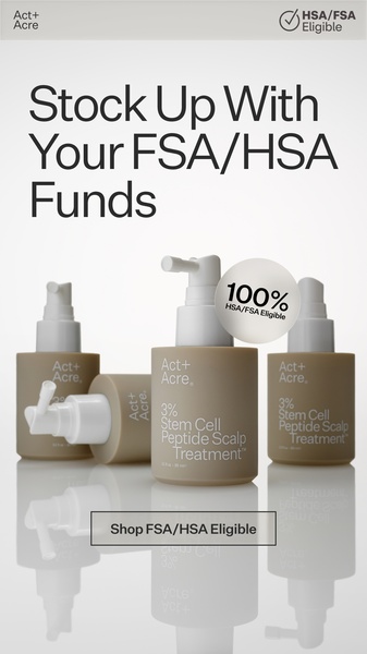 A clean, minimalist product-focused advertisement highlighting financial eligibility for scalp treatment products to encourage immediate purchase.