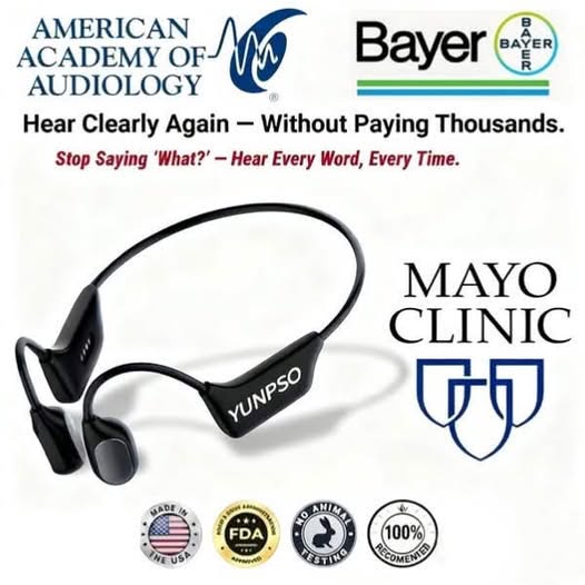 A direct-response static ad highlighting hearing aid alternatives using bold, benefit-driven text and trust-building social proof badges.