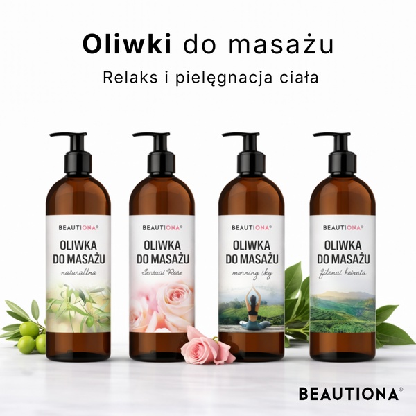 A clean, studio-lit 1:1 image showcasing four different variants of massage oil, emphasizing natural ingredients and relaxation benefits.
