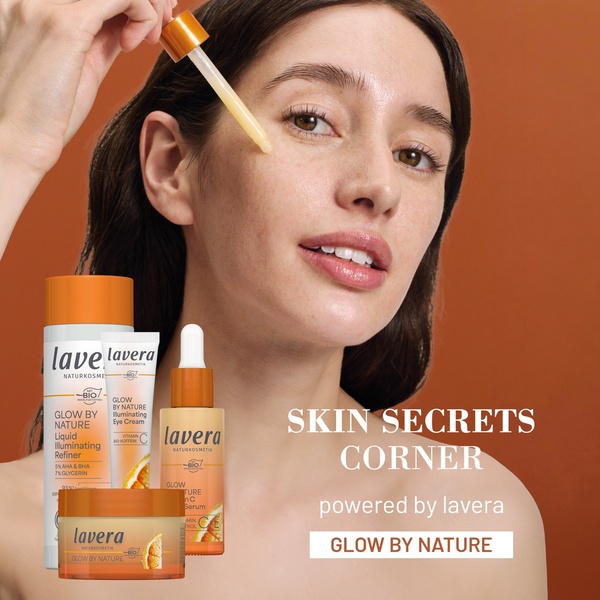 A clean, ingredient-focused skin serum ad featuring a model applying the product with a clear display of the full skincare range.