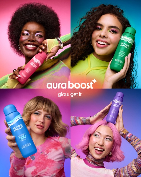 A vibrant 4-grid layout featuring diverse models each holding a different variant of the shampoo, creating a colorful and inclusive brand statement.